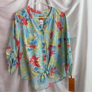 NEW Ruby Rd. Floral Tie-Front Blouse - Blue, Red, Green, Petite Large